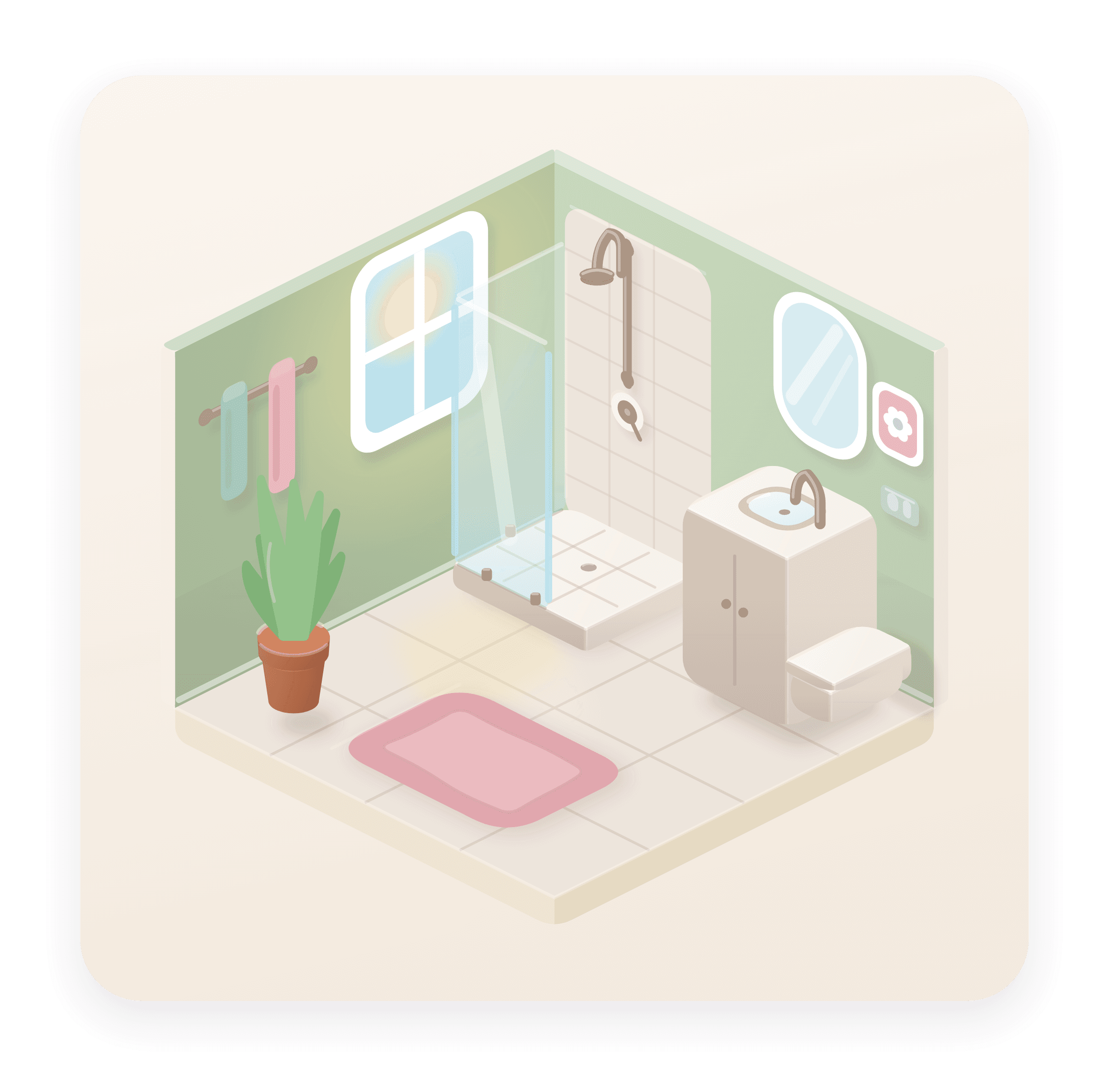 A cosy clay-style bathroom scene from Cozysweep, morning light, a glowing mirror frame and a small bath rug.